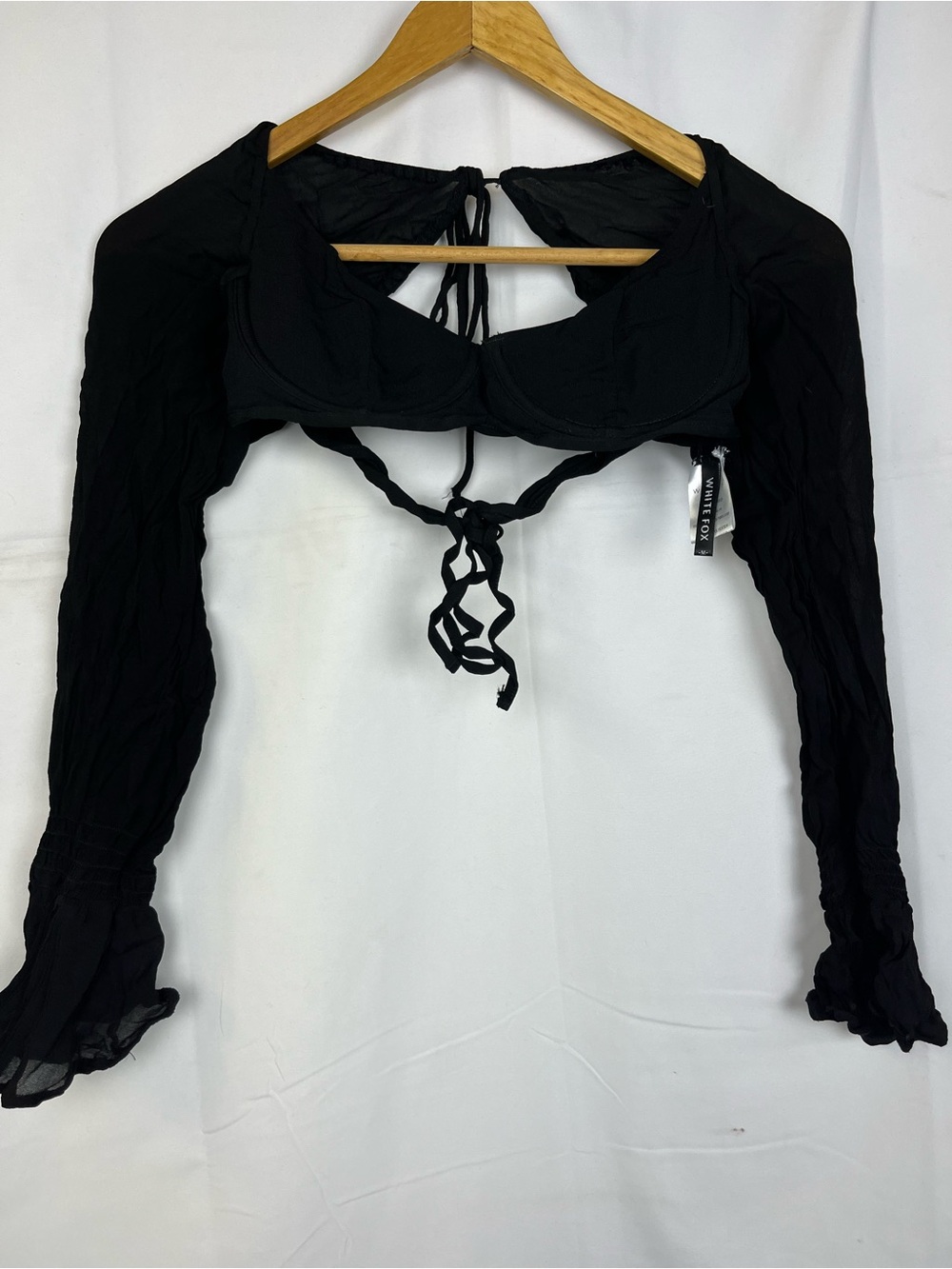 White Fox Boutique Black Crop Top with Ruffled‎ Sheer Sleeves Tie Back Detail
M